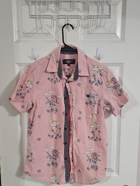 Eighty Eight Pink Floral/Skull Short-Sleeve Button-Down Shirt Sz S GUC